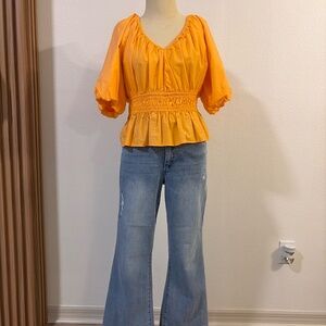 LOFT Yellow Smocked Peplum Blouse Puff Sleeve V Neck Top Size L
